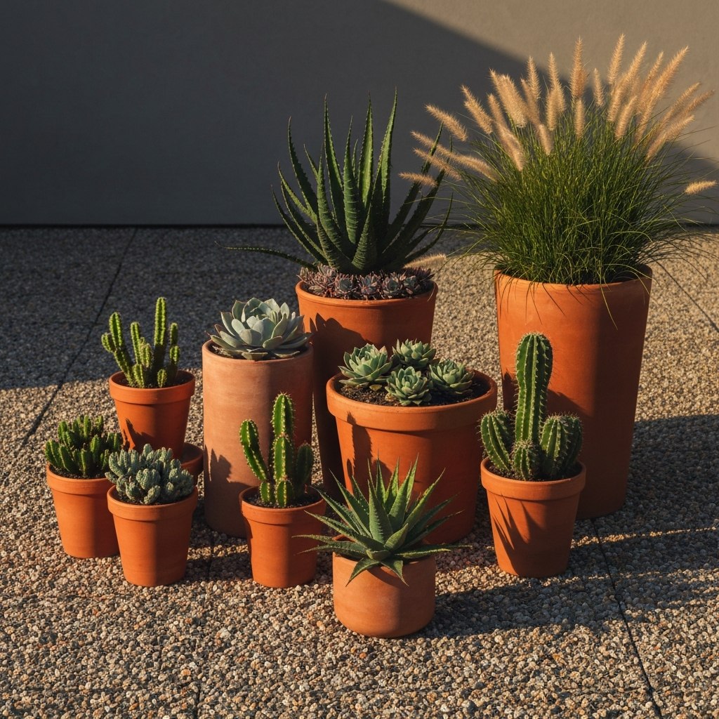 A variety of drought-tolerant plants in terracotta pots, arranged on a gravel patio. The plants include succulents, cacti, and ornamental grasses. Golden hour lighting casts long shadows and emphasizes the textures of the plants and gravel.