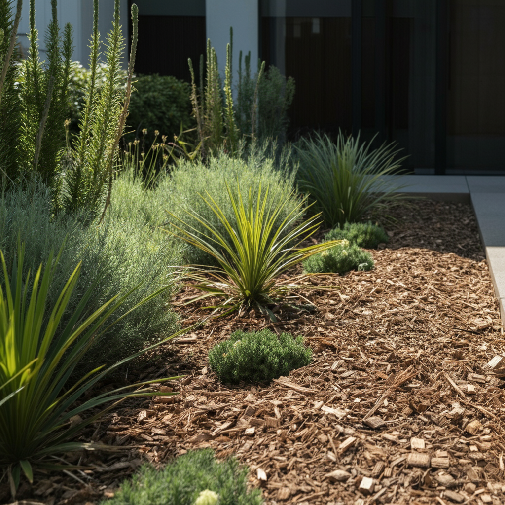 A garden bed covered with wood chip mulch. The mulch surrounds a variety of drought-tolerant plants. The scene is side-lit, highlighting the texture of the wood chips and the vibrant green of the plants.