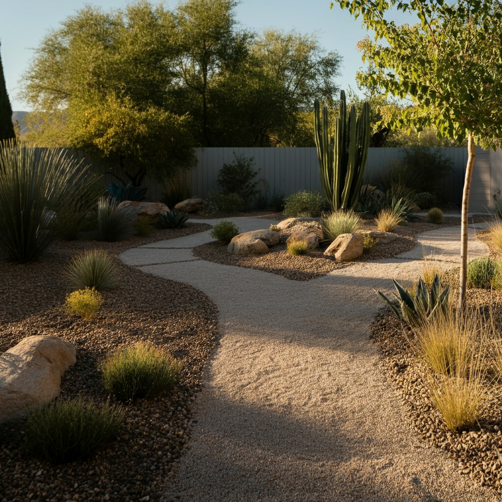 A xeriscaped garden featuring drought-tolerant plants, gravel pathways, and rock formations. The garden is designed to blend seamlessly with the natural landscape. The scene is shot during golden hour, creating a warm and inviting atmosphere.