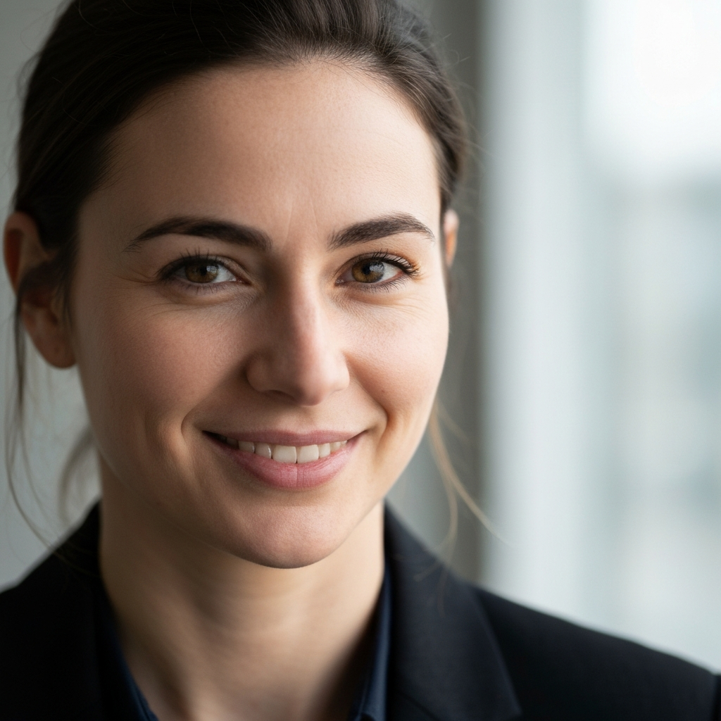A headshot of a person with a gentle smile, photographed in soft, diffused light. The background is blurred with a shallow depth of field to focus on the face. The lighting highlights the subtle textures of the skin and hair, emphasizing natural beauty.
