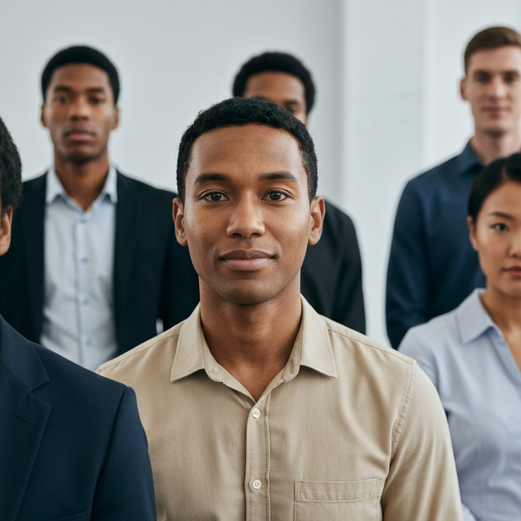 A group of diverse individuals in a brightly lit office setting. One person is in focus, looking directly at the camera with a neutral expression. The soft, even lighting minimizes shadows and showcases a variety of skin tones and facial features.