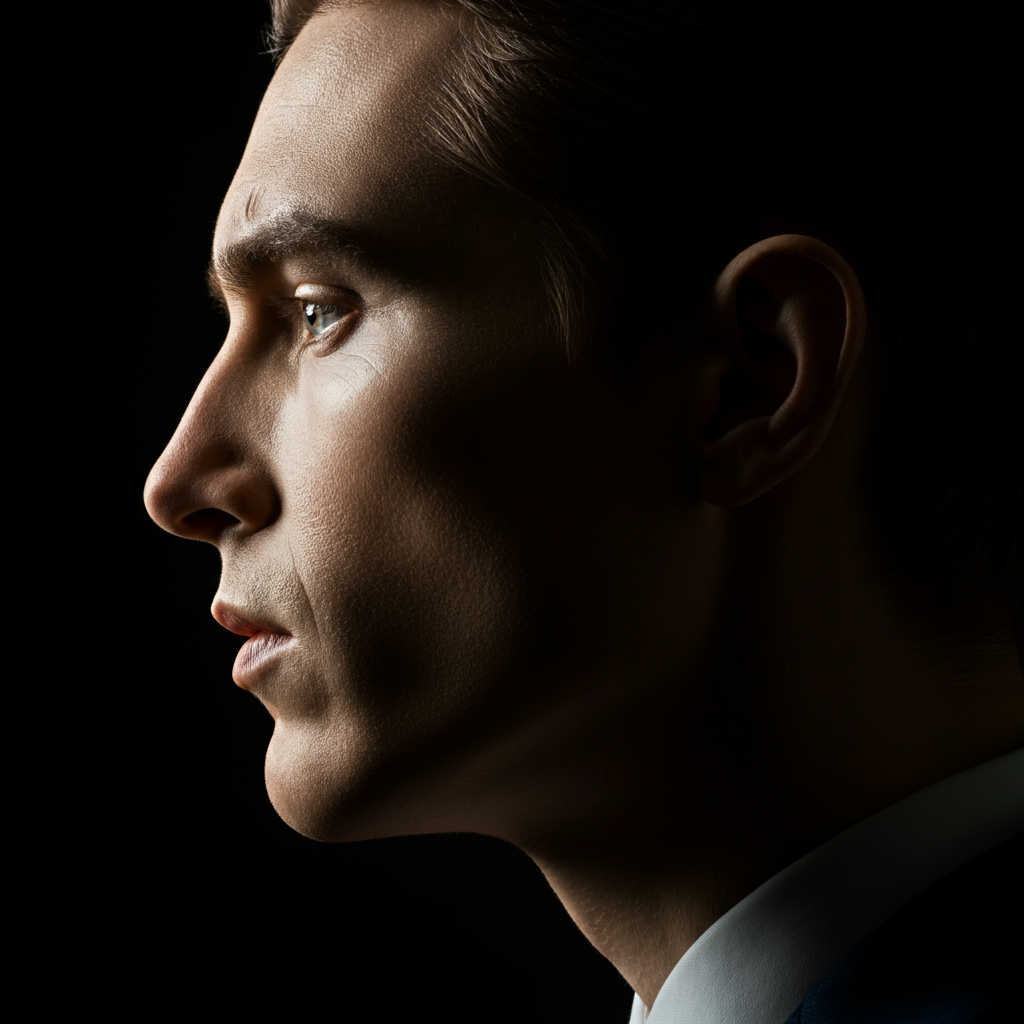 A side profile shot of a person with a strong, defined jawline. The lighting is carefully positioned to create subtle shadows that accentuate the contours of the face. Focus on the shape of the jaw and the clean lines.