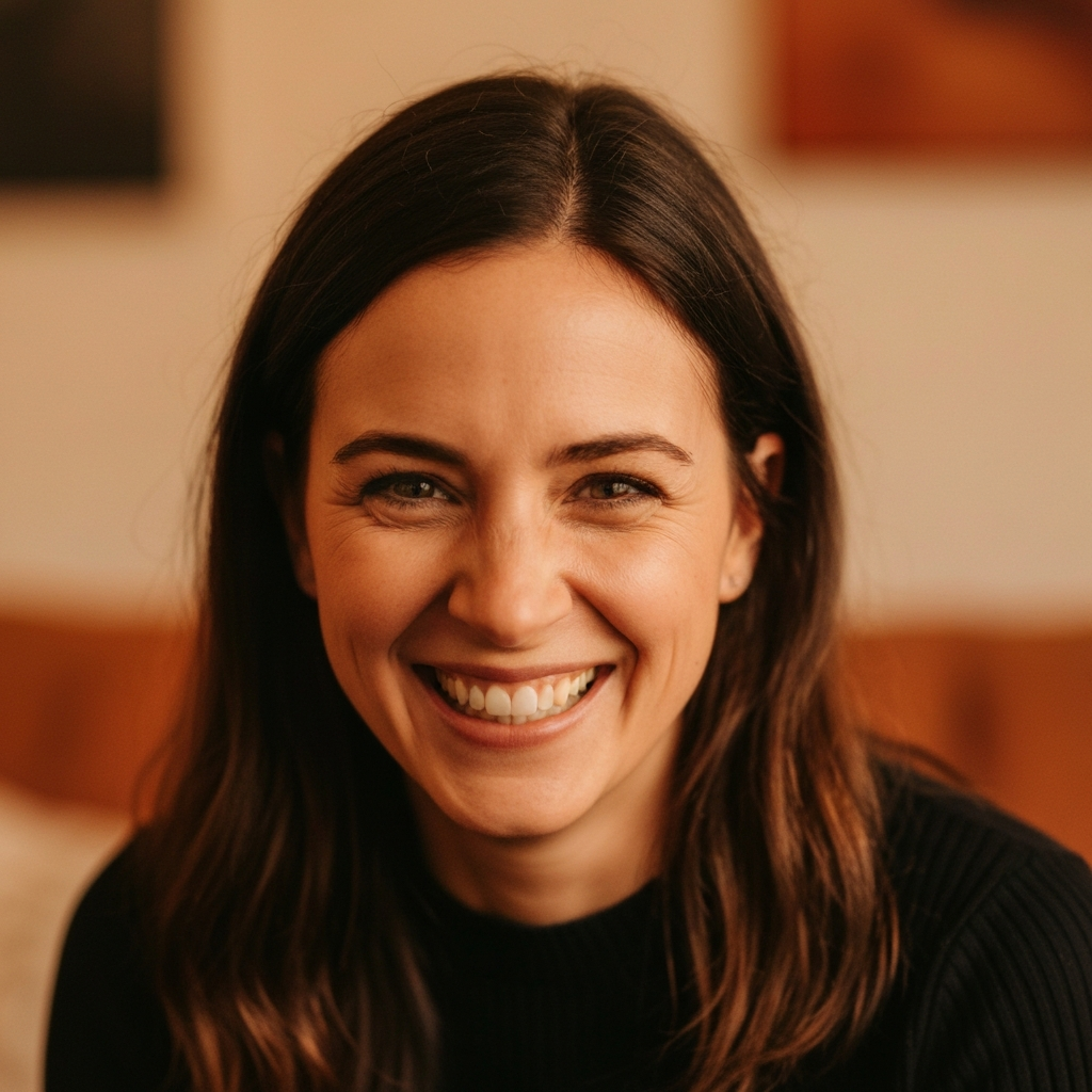 A person smiling genuinely at the camera, with their eyes crinkling at the corners. The lighting is warm and inviting, highlighting the person's genuine expression. Focus on the eyes and the curve of the smile.