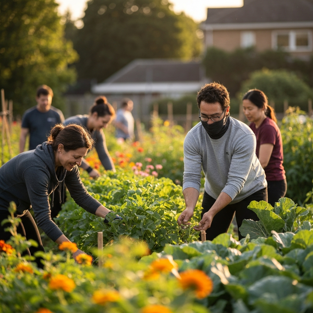 A community garden, bathed in the warm light of late afternoon. Several people are tending to the plants, their faces showing concentration and satisfaction. The colors of the flowers and vegetables are vibrant and rich. Soft bokeh in the background suggests a bustling neighborhood nearby.
