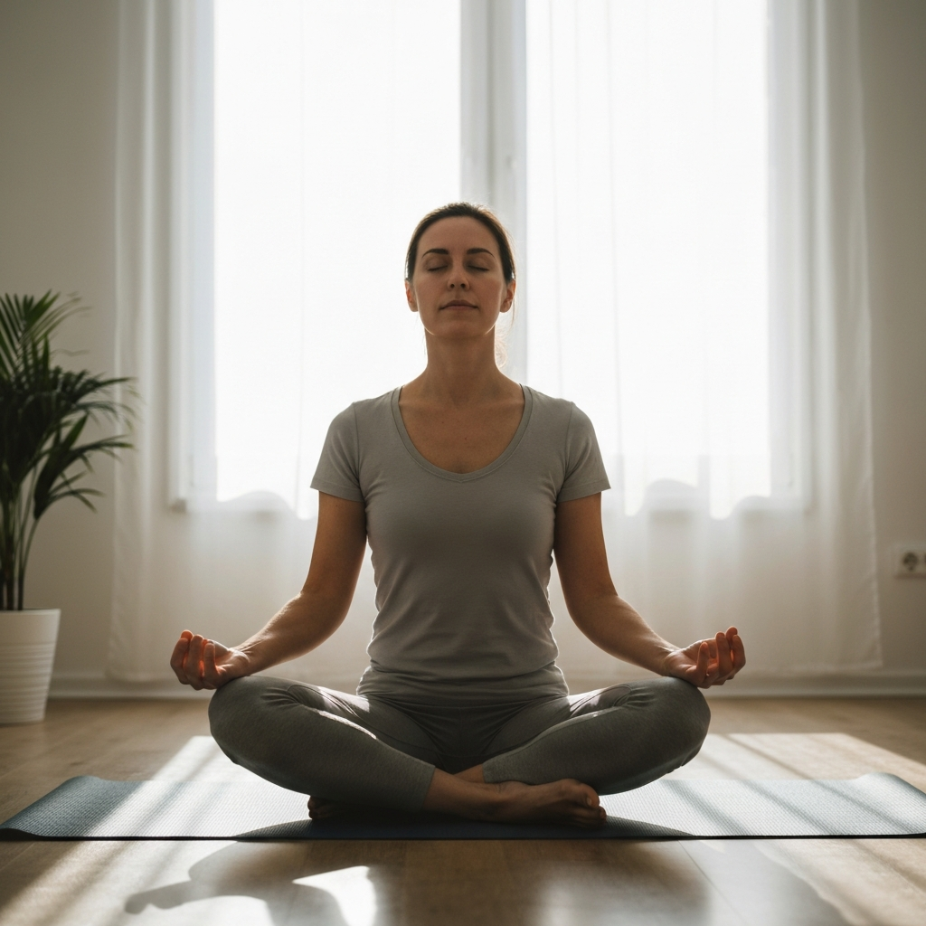 A person sitting cross-legged on a yoga mat in a sunlit room. Their eyes are closed, and their hands are resting gently on their knees. The room is sparsely decorated, with a plant in the corner and soft light streaming through the window. The focus is on their peaceful and serene expression.