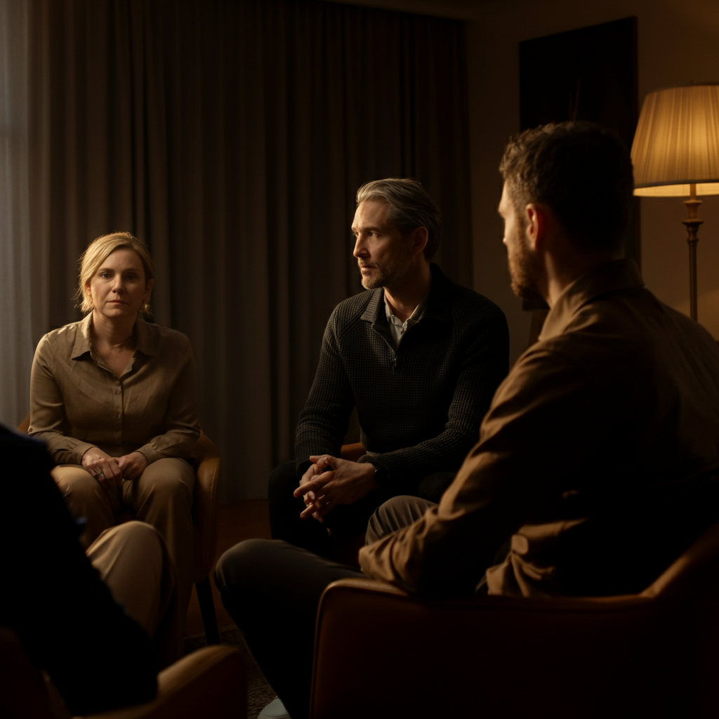 A small group of people sitting in a circle, engaged in a conversation. The lighting is warm and inviting, and their faces are relaxed and open. The setting is a comfortable living room with soft lighting and comfortable seating. The focus is on their interaction and the feeling of connection.