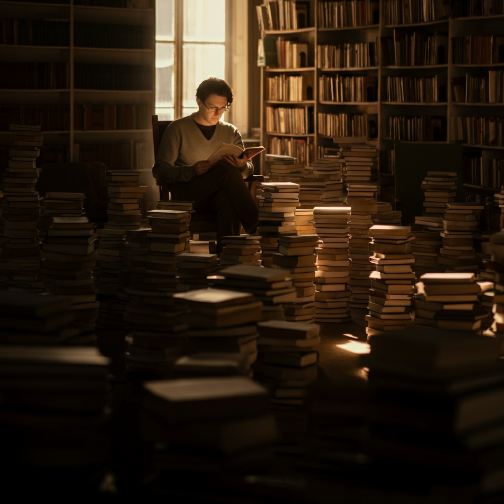 A person sitting in a library, surrounded by stacks of books. The lighting is warm and inviting, and the atmosphere is quiet and contemplative. The focus is on their face as they read, showing a look of deep concentration and interest.