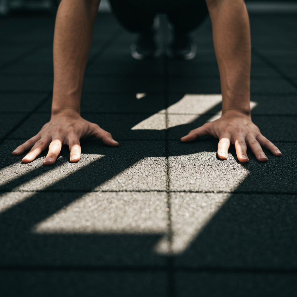Close-up shot of hands positioned shoulder-width apart on a textured gym floor, dappled sunlight creating dynamic shadows. The hands are strong and calloused, poised to begin a push-up.