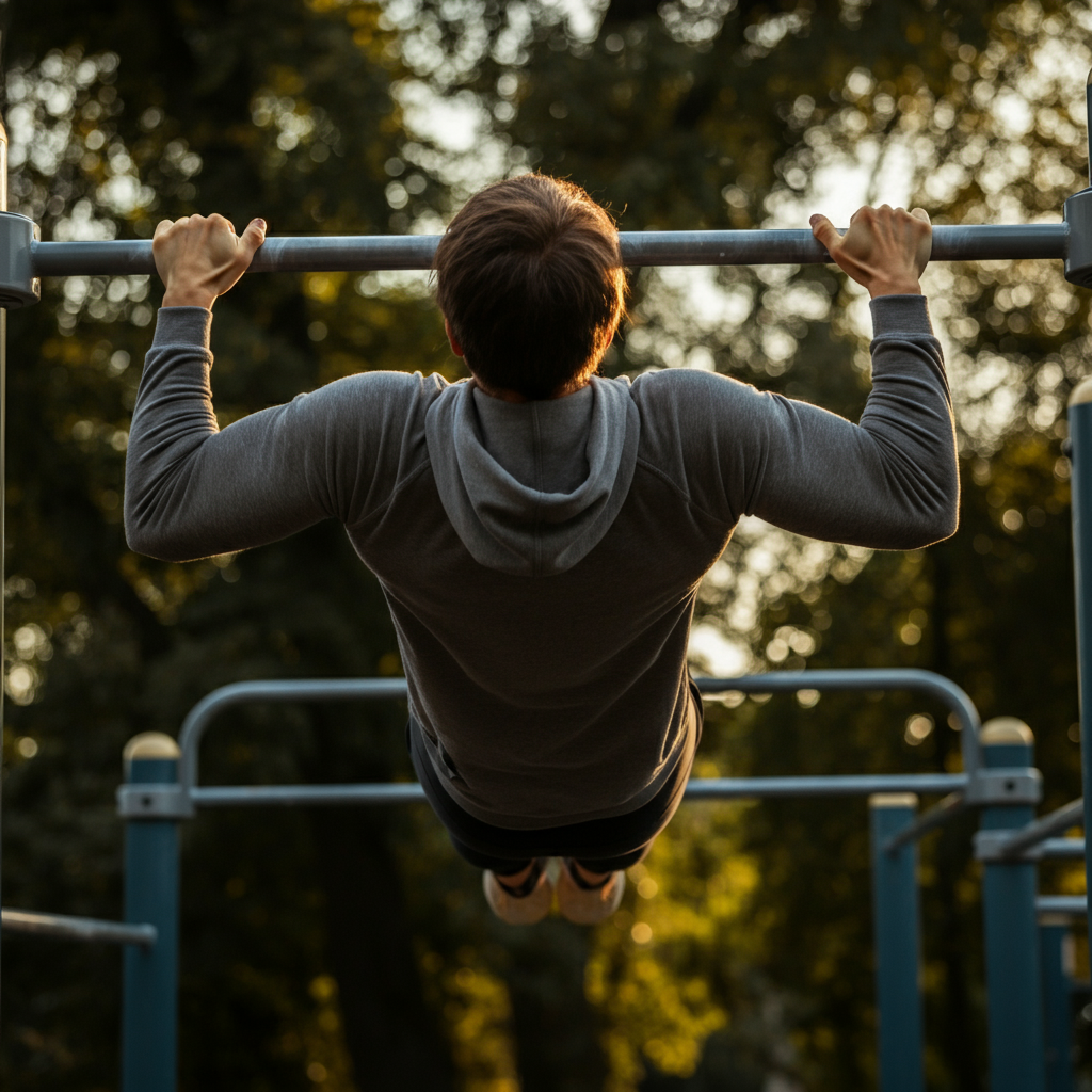 A person powerfully executing a pull-up on a steel bar in an outdoor fitness park. Golden hour lighting illuminates their back muscles. The trees in the background are blurred.