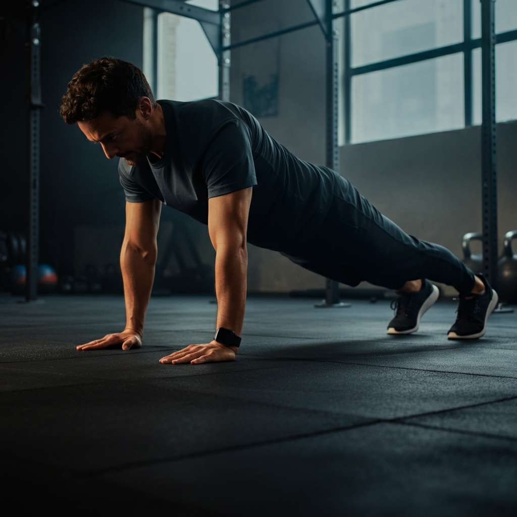 A person holding a plank in a well-lit home gym. Focus on their core engagement and straight posture. The background includes minimal equipment and clean lines.