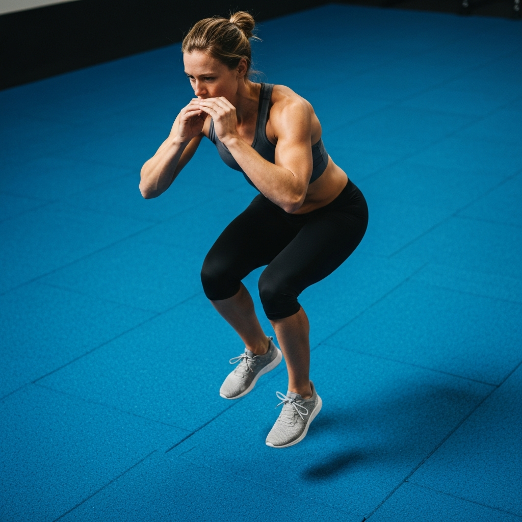 A person performing a jump squat on a rubber gym floor. A moment captured at the peak of the jump, showing dynamic movement and exertion. The lighting is bright and even.