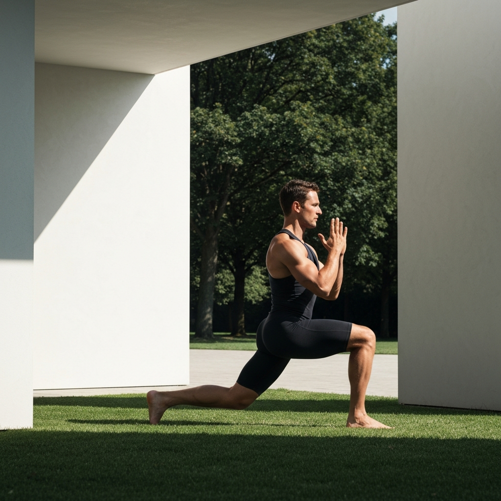 A person performing a lunge in a park, with green grass and trees in the background. Natural lighting highlights the form and muscle engagement.