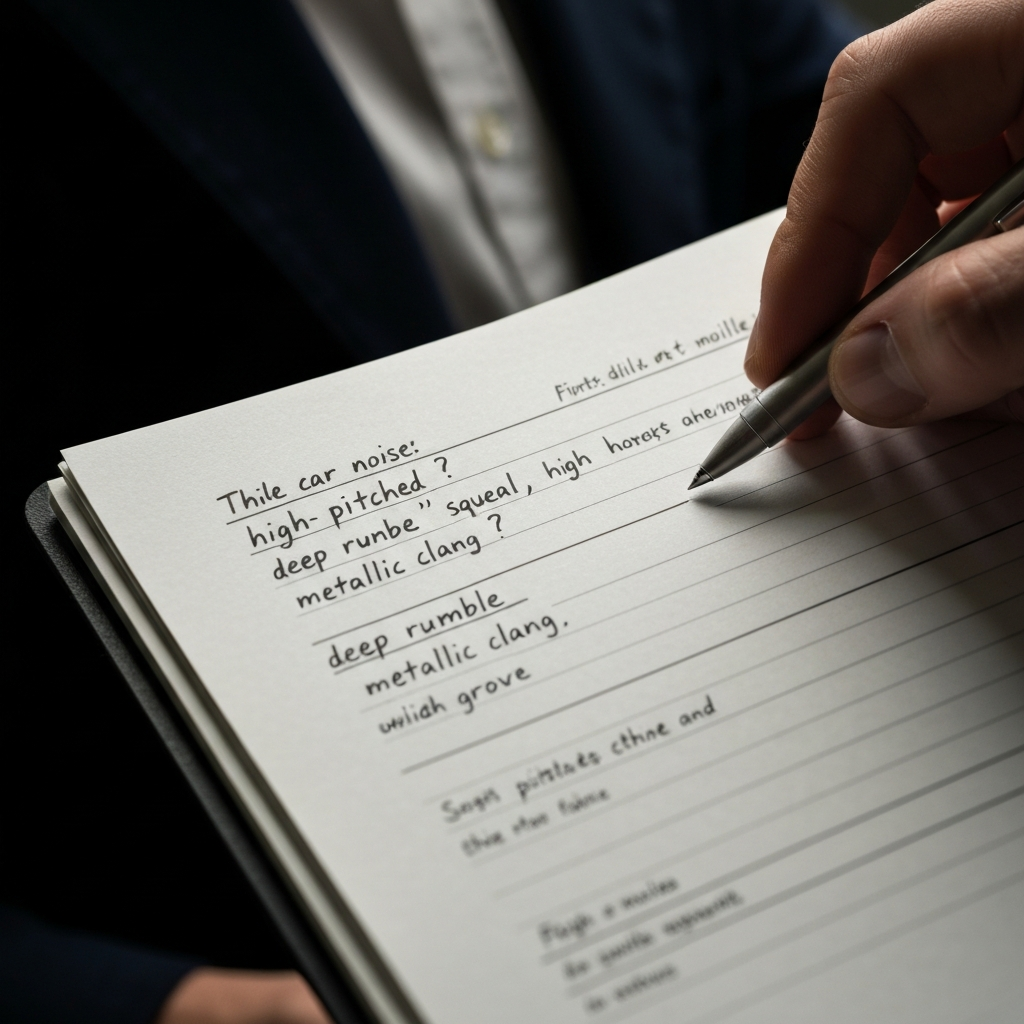 A close-up shot of a mechanic's notepad, filled with handwritten notes describing various car noises like "high-pitched squeal", "deep rumble", and "metallic clang". Soft, diffused light highlights the texture of the paper.