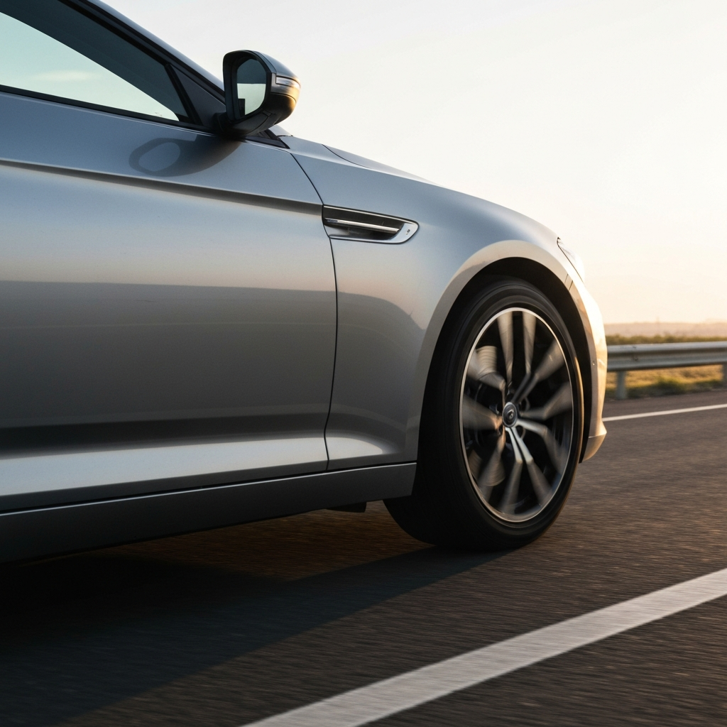 A side-view of a car being driven on a paved road, with focus blurring around the tires in motion. Golden hour lighting creates long shadows. A driver's hand is visible on the steering wheel.