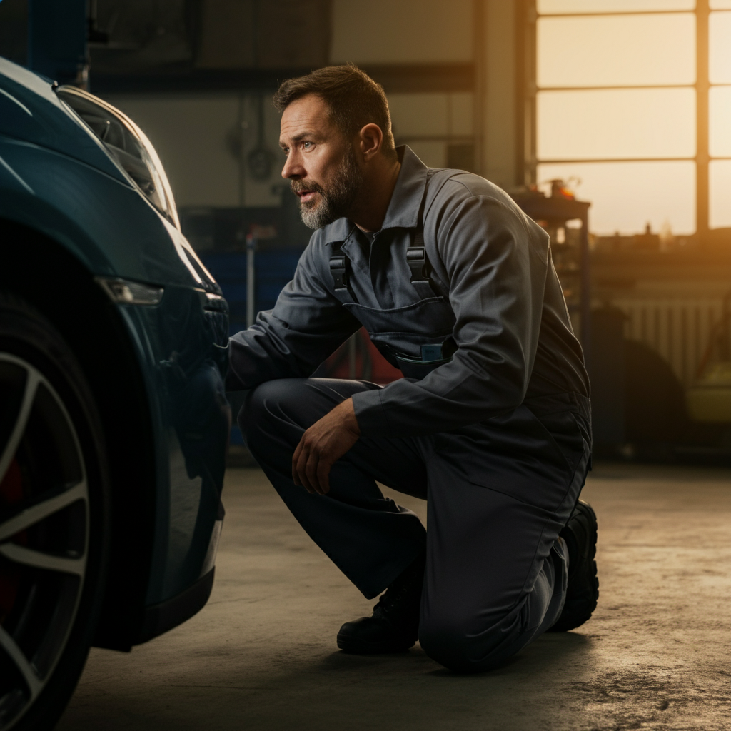 A mechanic kneeling beside a car, listening intently near the front wheel well. He is wearing a clean work uniform. The garage setting has a soft, overhead light.
