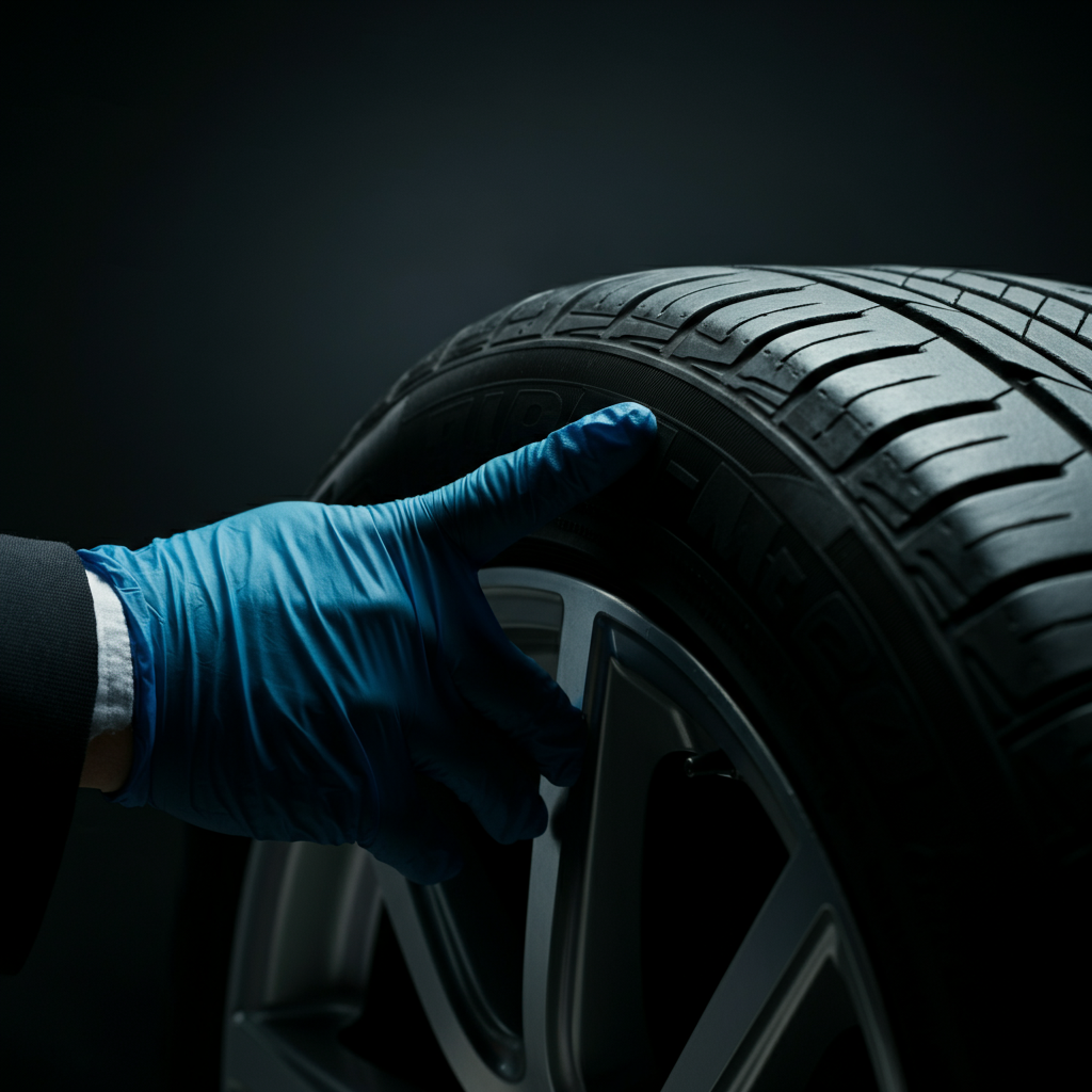 Close-up of a gloved hand inspecting a car tire tread. The tire is slightly worn but still has visible tread depth. The background is slightly blurred, showcasing the car's wheel well.