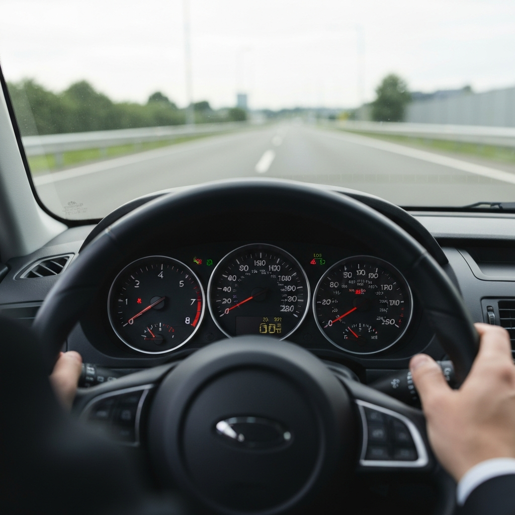 A car's dashboard during a daytime test drive, with the speedometer and RPM gauge in focus. The driver's hands are visible on the steering wheel, and the road ahead is slightly blurred to indicate motion.