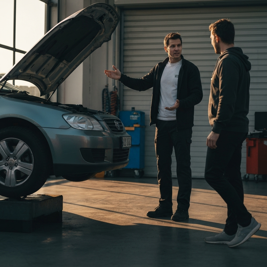 A well-lit auto repair shop, with a mechanic talking to a customer beside their car. The mechanic is gesturing towards the engine bay. The scene is clean and professional.