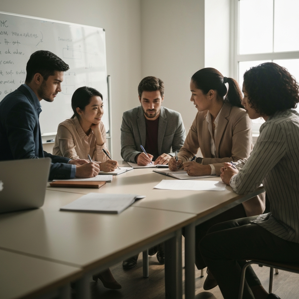 A diverse group of students are gathered around a table, some looking at a whiteboard and others taking notes. The room is brightly lit with natural light, creating soft shadows and a warm atmosphere.