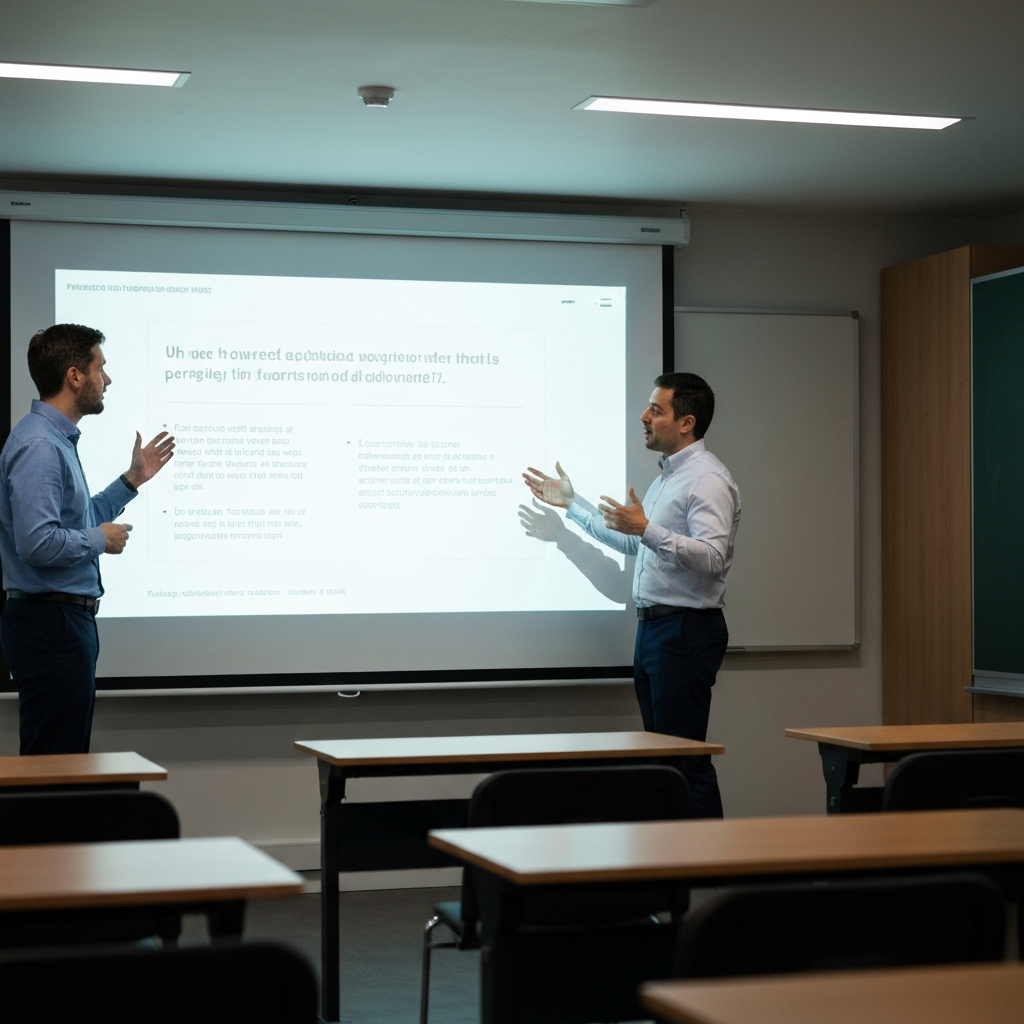 A teacher stands at the front of a classroom, pointing to a slide on a projector screen. The room is dimly lit, but the screen is bright and clear. Soft bokeh is created by the distance. The teacher is using hand gestures to explain the points.