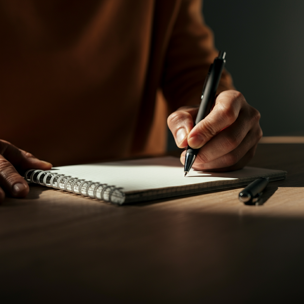 A close-up of a hand writing on a notepad. The notepad is on a wooden desk, with a pen resting beside it. The lighting is warm and natural, highlighting the texture of the paper.