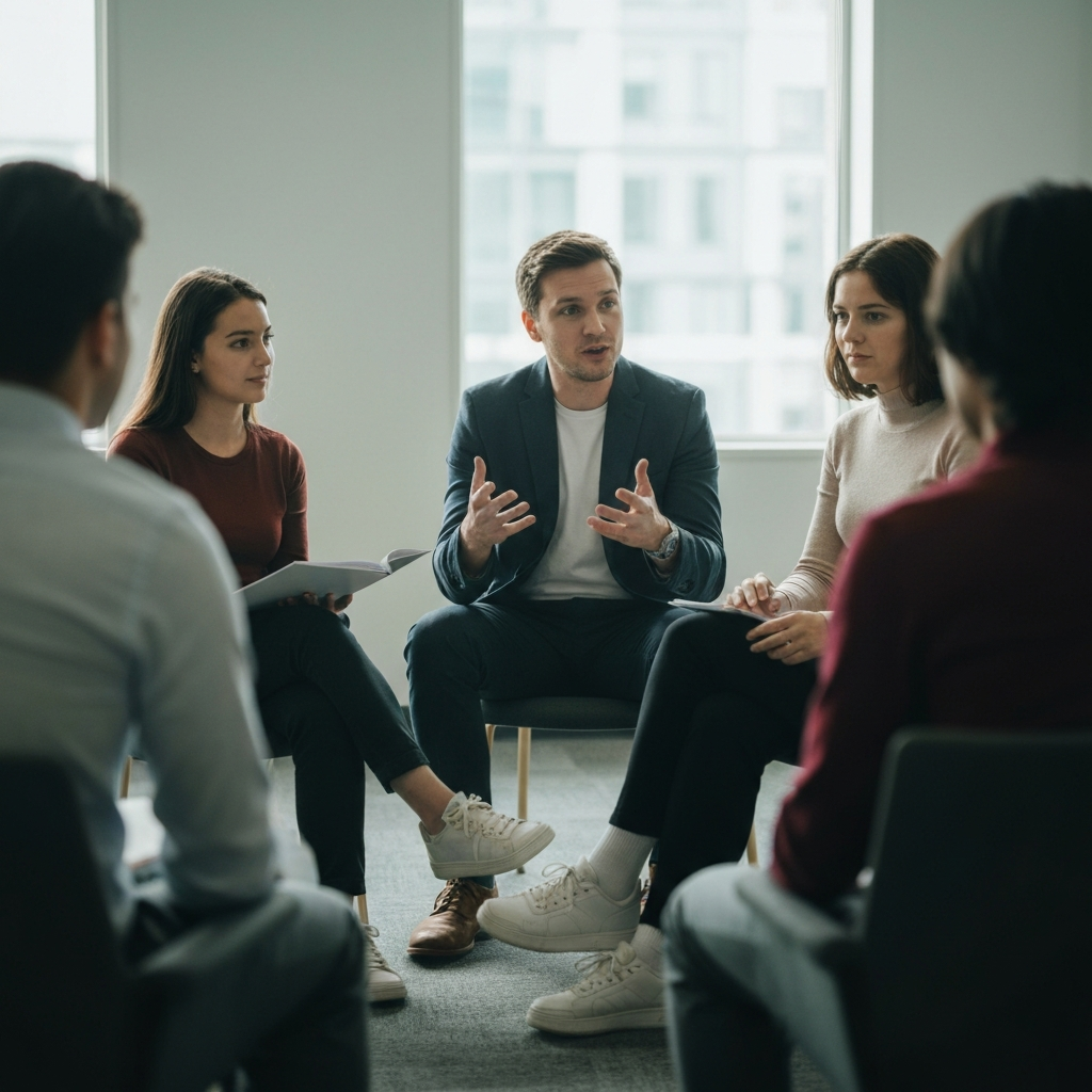 A group of students are sitting in a circle, engaged in a lively discussion. One student is speaking, while the others are listening attentively. The room is filled with natural light, creating a vibrant and energetic atmosphere.