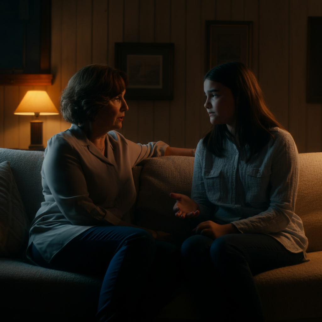 A softly lit living room where a mother and daughter are sitting on a comfortable couch, facing each other. The mother is attentively listening to the daughter, who is speaking with genuine emotion. The room has warm, inviting textures and soft bokeh from a table lamp in the background.