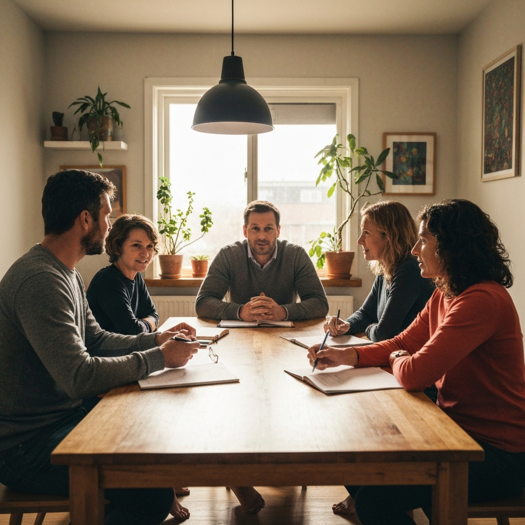 A brightly lit dining room with a family of four seated around a wooden table. They are engaged in a lively conversation, with papers and notebooks spread out on the table. The room is decorated with plants and artwork, creating a warm and inviting atmosphere. Natural light streams through the window, illuminating their faces.
