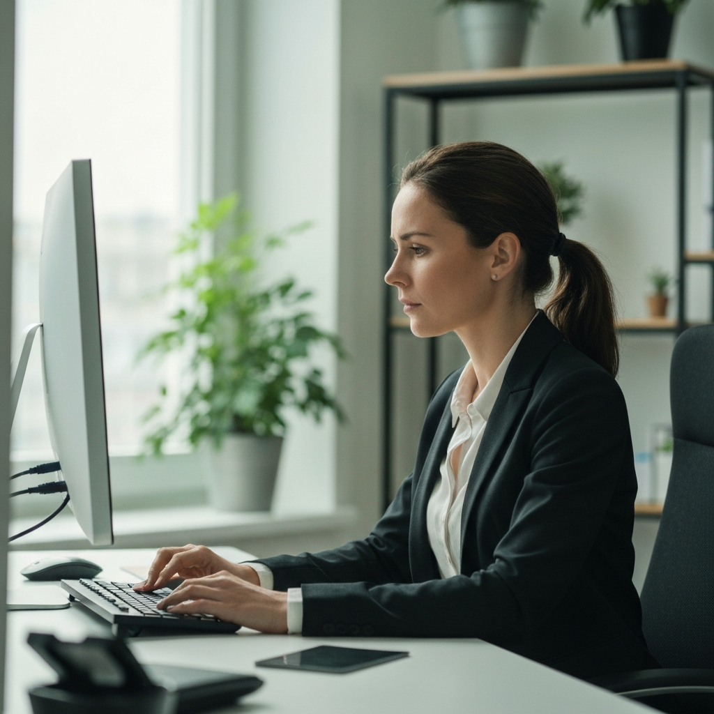 A brightly lit, modern office space. A woman sits at a desk, analyzing data on a large monitor. Soft bokeh from plants in the background. Her face shows focused concentration.