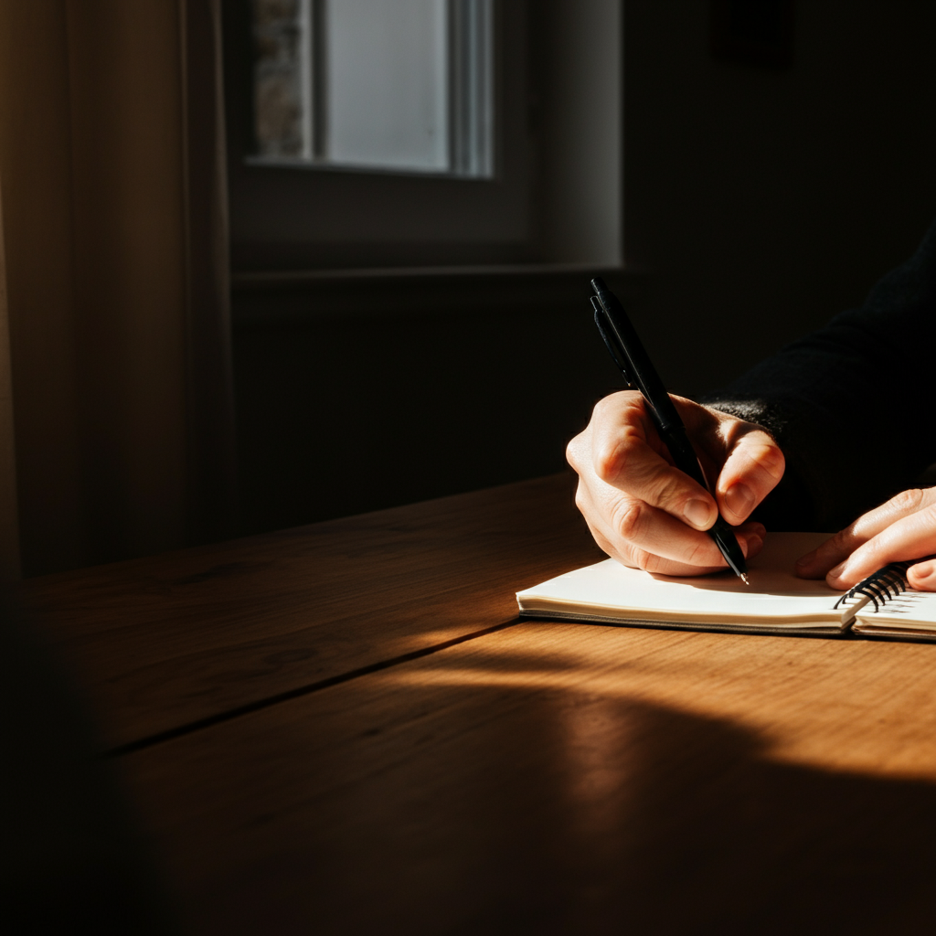 A person sits at a wooden table, carefully writing in a notebook. Sunlight streams in from a nearby window, highlighting the texture of the paper and the pen in their hand.
