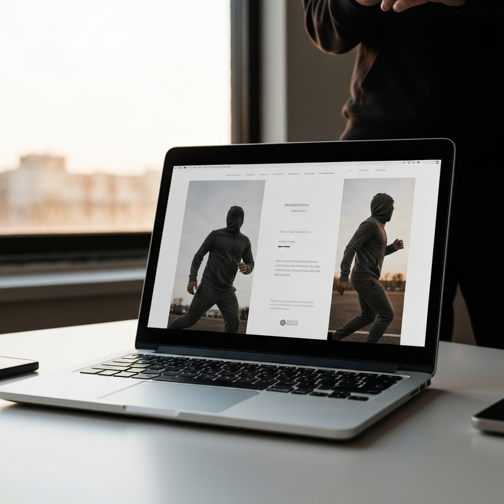 A laptop rests on a clean desk. The screen displays a website design with modern fonts and professional photography. Natural light reflects subtly on the screen.