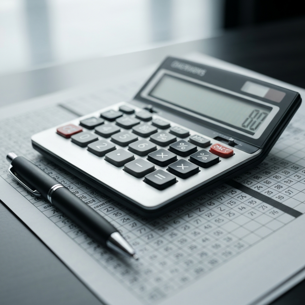 A close-up shot of a calculator and a spreadsheet. Soft, diffused light illuminates the numbers and data. A pen rests casually beside the calculator.