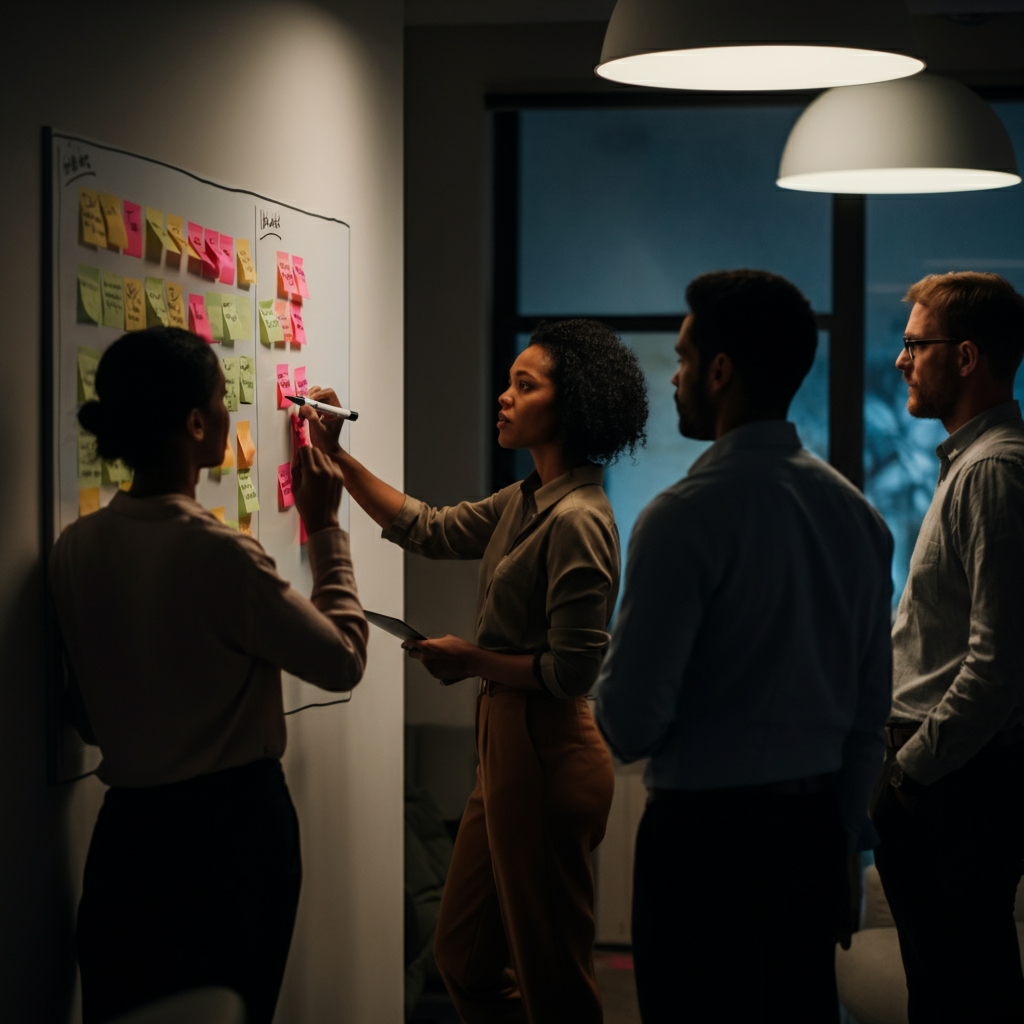 A group of colleagues brainstorm around a whiteboard covered in colorful sticky notes. The room is well-lit, and the atmosphere is energetic and collaborative.