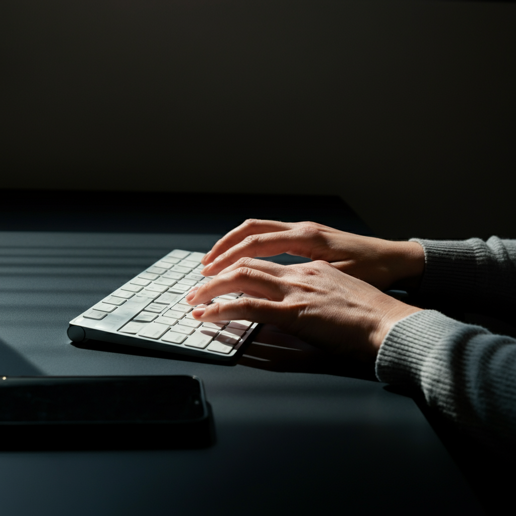 A person's hands typing on a keyboard. Soft focus on the fingers and keys. The background shows a clean, minimalist workspace.