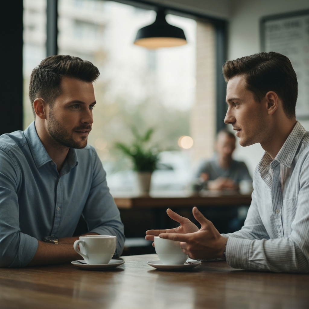 Two people sit across from each other at a coffee shop, engaged in a serious conversation. Soft morning light illuminates their faces, highlighting their expressions of encouragement and support.