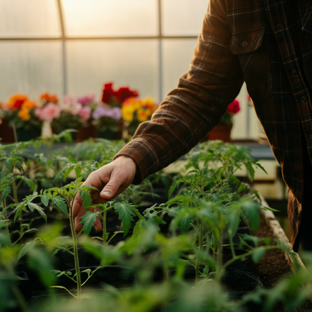 A nursery setting. A person in a flannel shirt is examining a row of tomato seedlings, gently touching the leaves. Sunlight filters through the greenhouse roof, creating dappled light on the plants. Various colorful potted flowers are visible in the background, slightly out of focus.