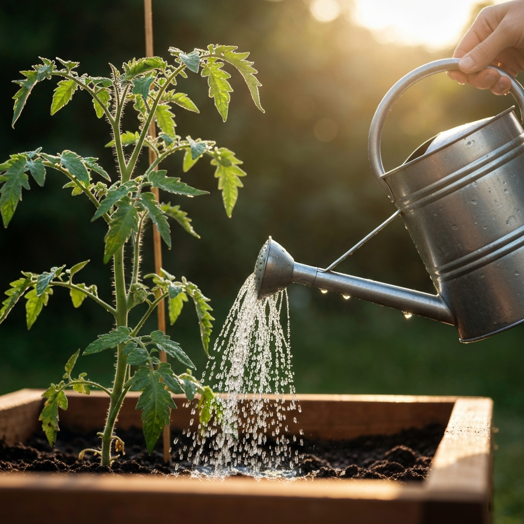 A watering can with a long spout watering the base of a tomato plant in a raised garden bed. The sunlight is soft and diffused, creating a gentle, peaceful atmosphere. Water droplets glisten on the leaves of the plant. The focus is sharp on the watering can and the base of the plant.