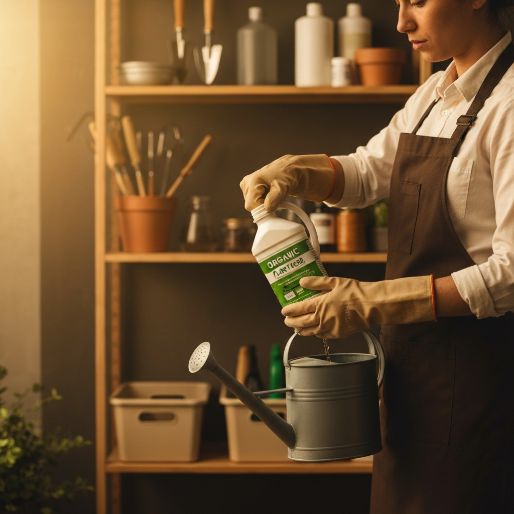 A person pours liquid fertilizer into a watering can, wearing protective gloves. The fertilizer bottle is clearly labeled "Organic Plant Food." The background shows various gardening tools and supplies neatly arranged on a shelf. Golden hour lighting adding warmth to the scene.