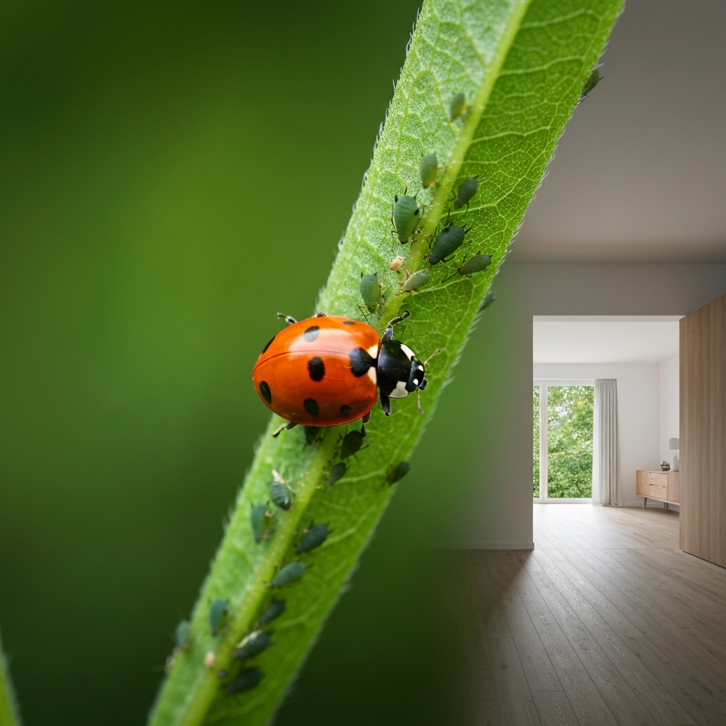 A close-up shot of a ladybug perched on a green leaf, with aphids visible on the underside of the leaf. The background is a blur of green foliage. The lighting is natural and bright, showcasing the contrast between the ladybug and the aphids.