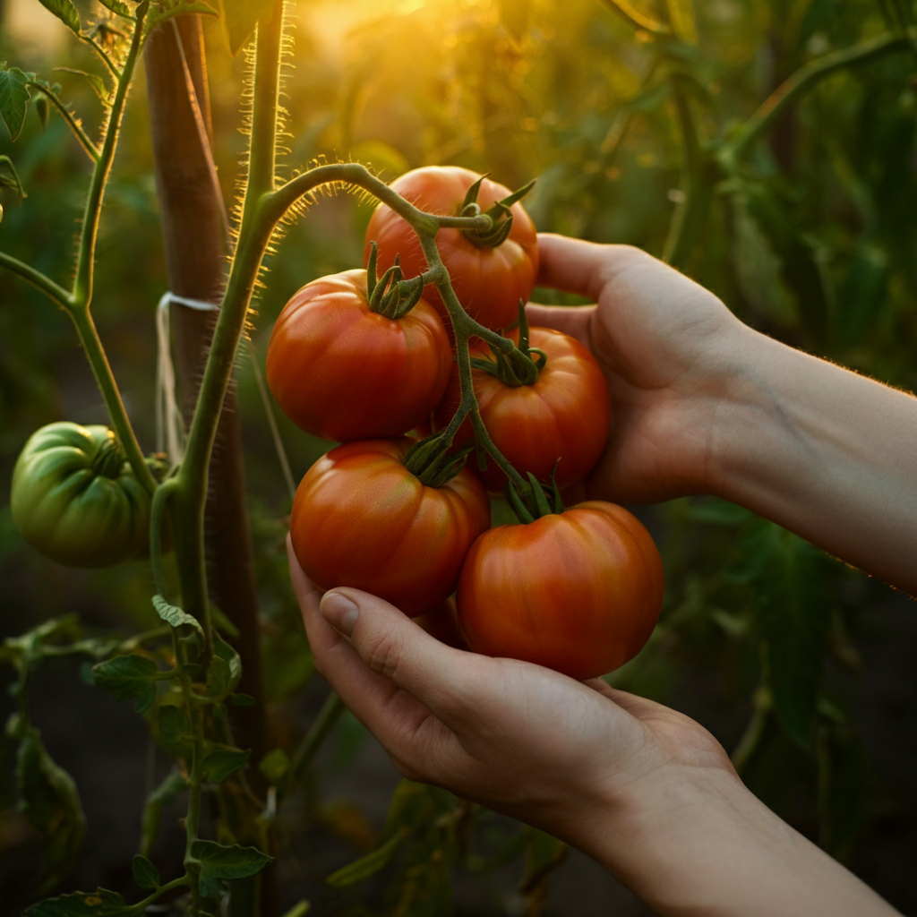 A person's hands gently picking a ripe red tomato from a vine in a lush garden. The sun is setting, casting a warm, golden glow over the scene. The background is filled with other vegetable plants, creating a sense of abundance.
