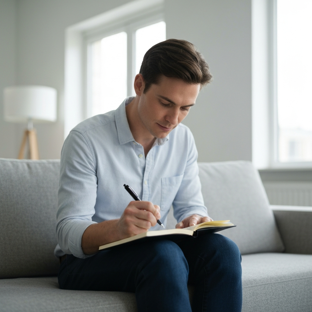 A person sitting in a brightly lit, modern living room, journaling with a pen and notepad. Soft bokeh blurs the background, highlighting the focused expression on their face.