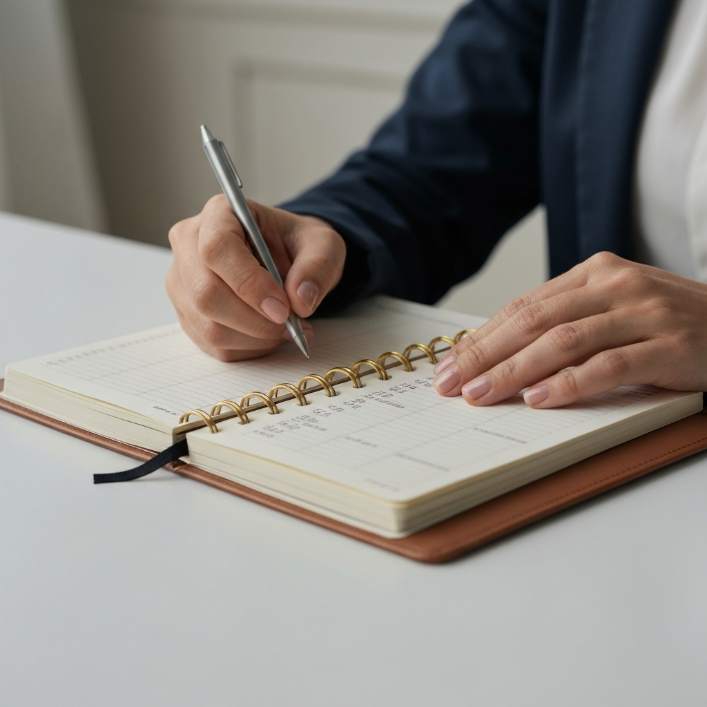 A close-up of a hand checking off a skincare routine entry in a stylish planner, showcasing the organization and dedication to personal care.