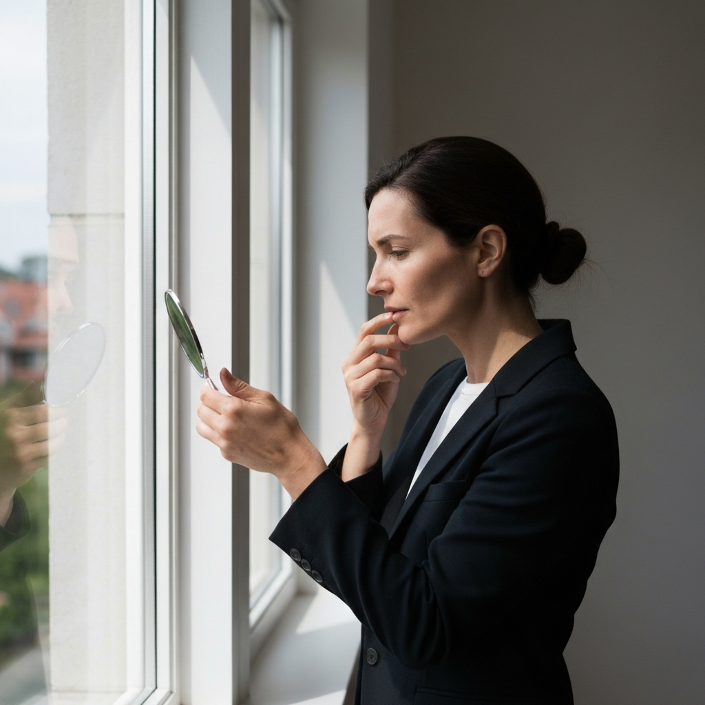 A person standing near a window with natural light, thoughtfully examining their skin in a small hand mirror. The focus is on self-awareness and attention to detail.