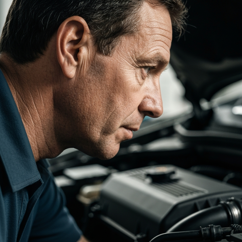 Close-up of a mechanic's ear, listening intently under the hood of a car. Soft, diffused light highlights the texture of the mechanic's weathered skin and the metallic components of the engine bay.