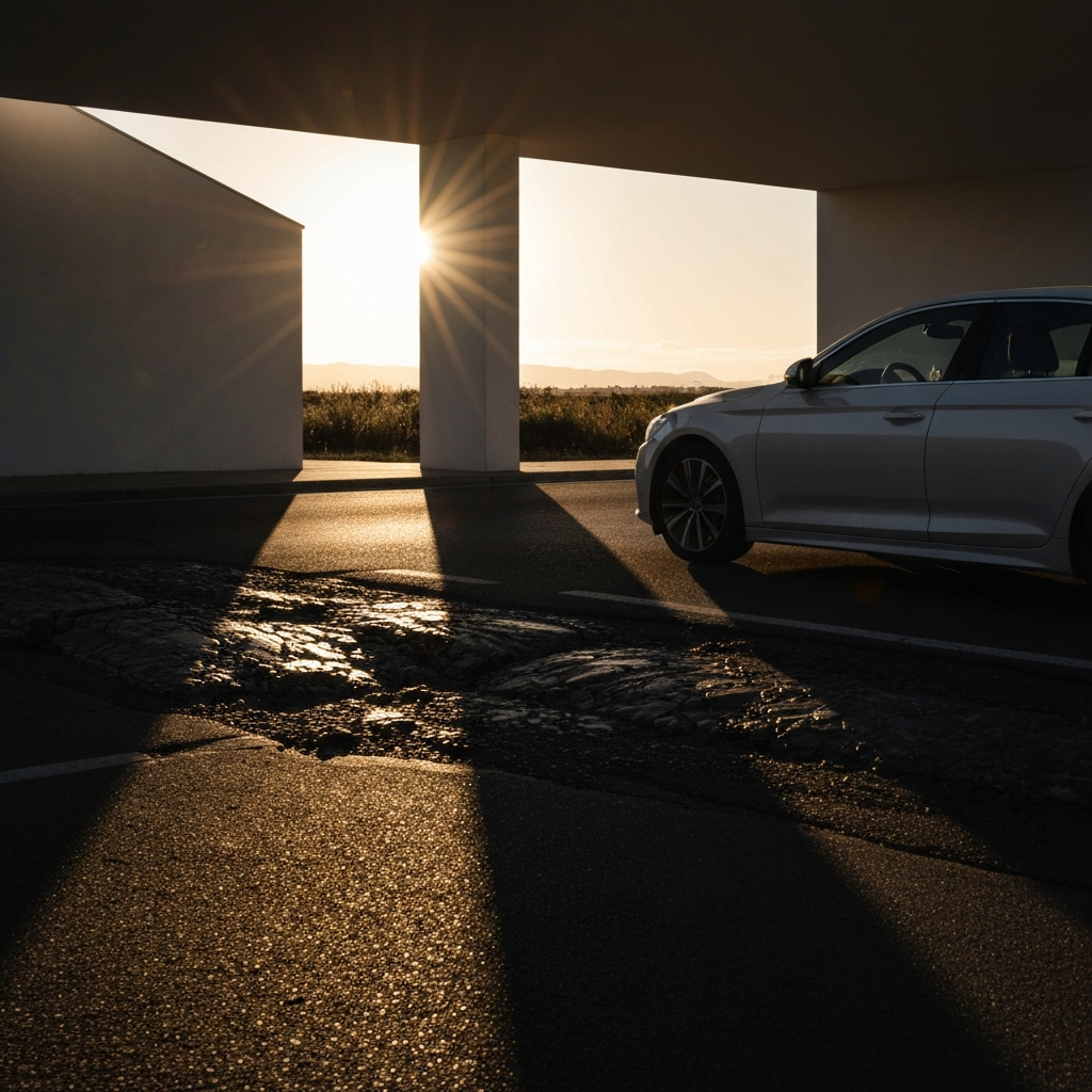 A car driving along a slightly bumpy road during golden hour. The sun casts long shadows, emphasizing the car's movement and the uneven road surface.