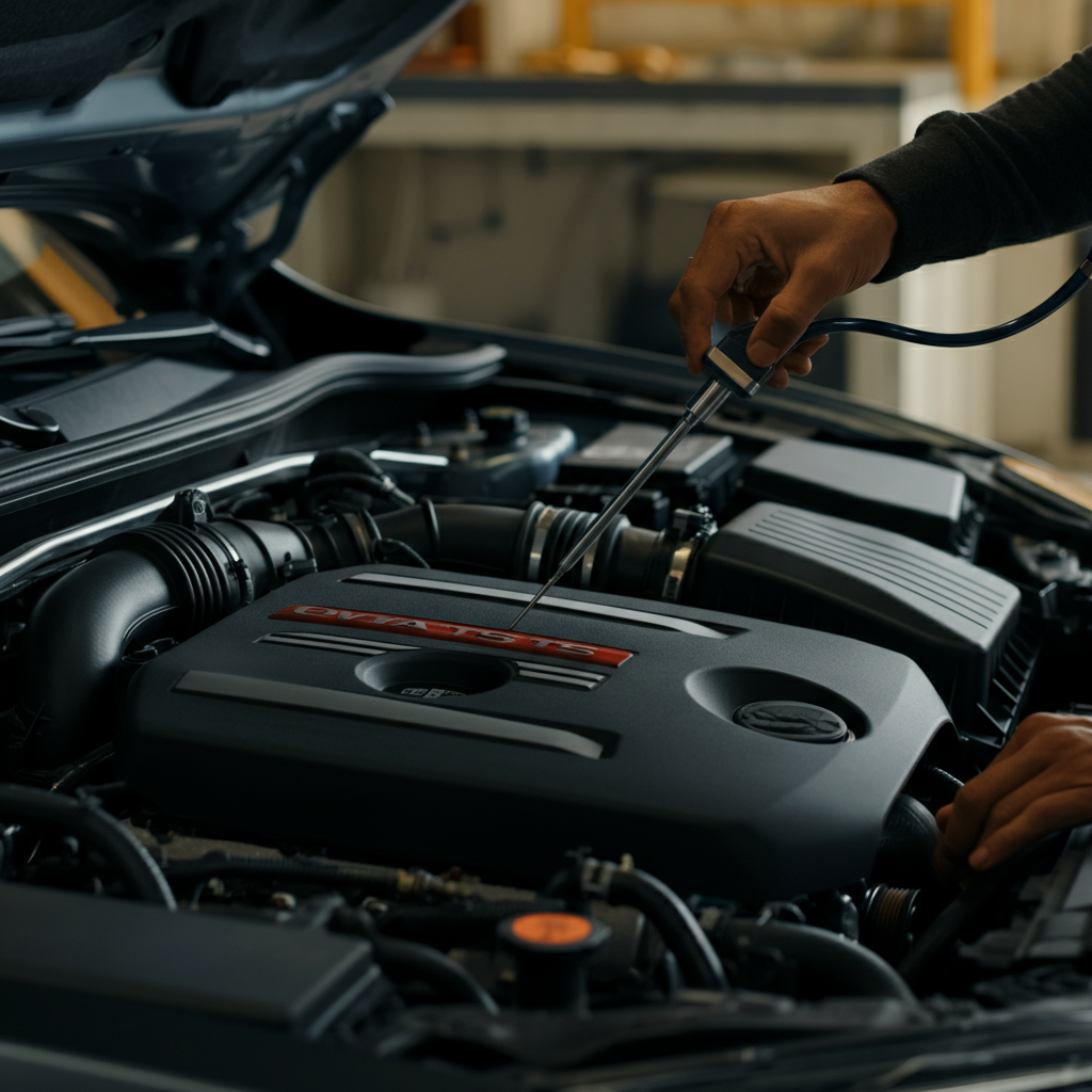 A mechanic, using a stethoscope-like listening device, carefully probes different areas of the engine bay. The scene is well-lit, revealing the complexity of the engine components.