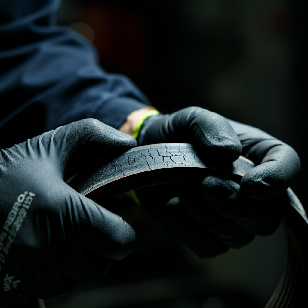 Close-up of a mechanic's hands, wearing nitrile gloves, inspecting a worn-out serpentine belt. Soft light highlights the cracks and wear on the rubber.