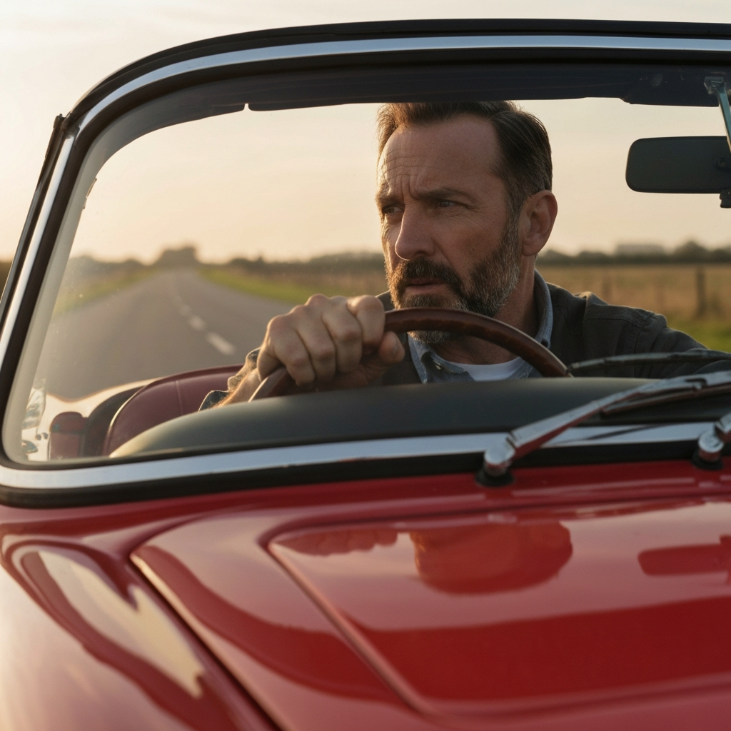 A car being driven on a quiet road, focusing on the driver's attentive expression as they listen for noises. The scene captures the feeling of focused concentration during a diagnostic test drive.