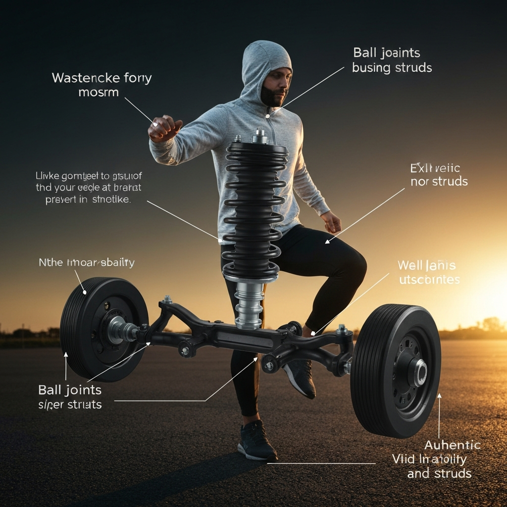 An exploded diagram of a car's front suspension system, with key components like ball joints, bushings, and struts highlighted. The diagram is clear, concise, and professionally rendered.