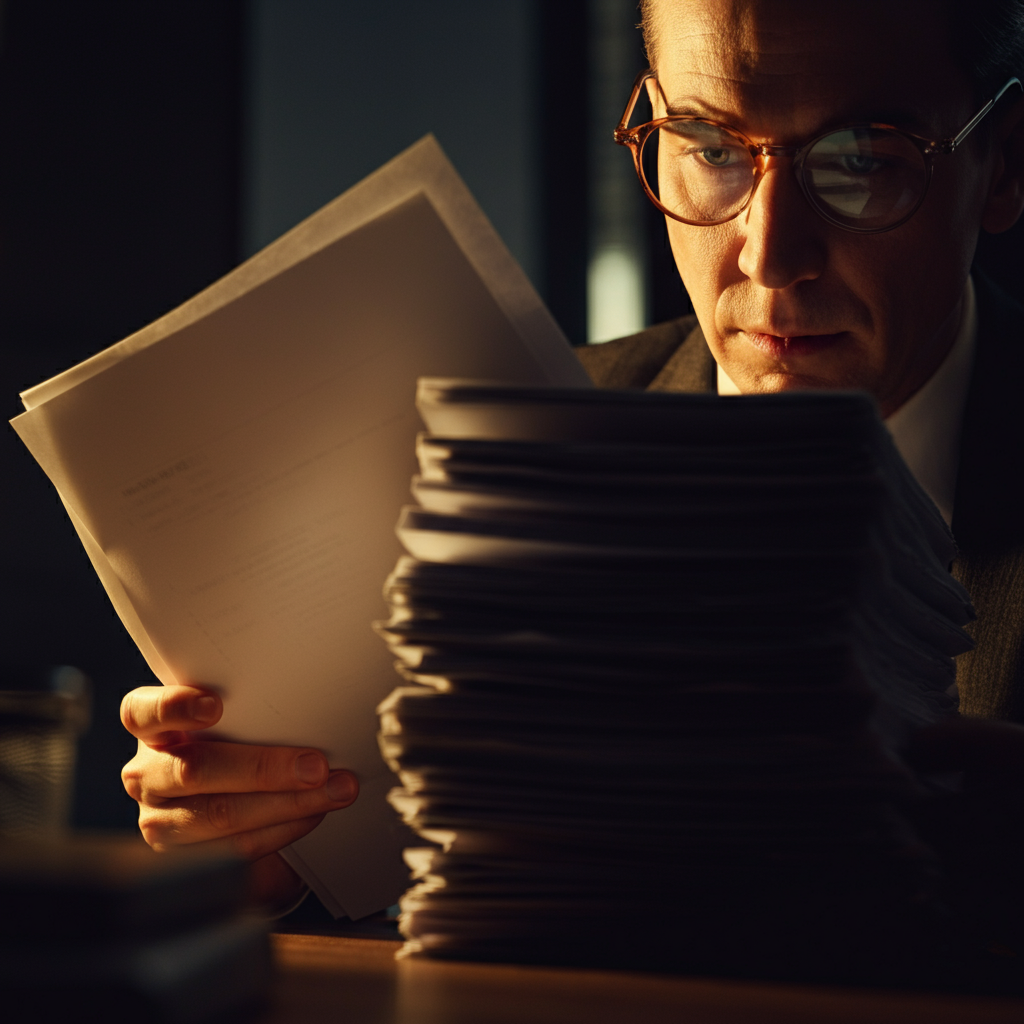 Close-up shot of a person sitting at a desk, illuminated by soft golden hour lighting, meticulously reviewing a stack of documents. Their face is partially obscured by the documents, hinting at deep concentration. Focus is on the textured paper and subtle reflections on their eyeglasses.